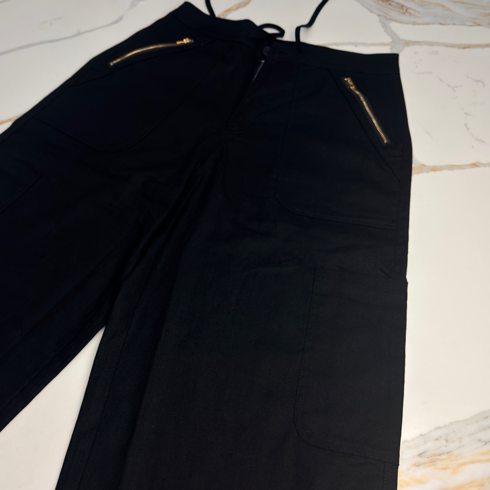 Women’s Black Linen Blend Wide Leg Cargo Pants High Waist